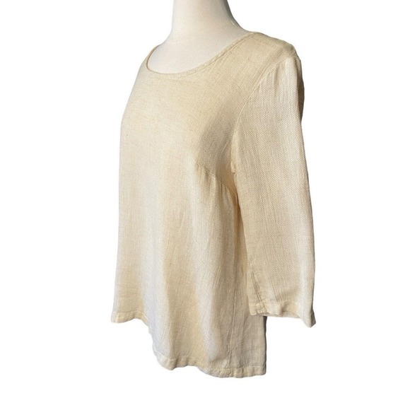FLAX 100% Linen Round Neck 3/4 Sleeve Textured Beige Tunic Size Small Coastal - Picture 2 of 8